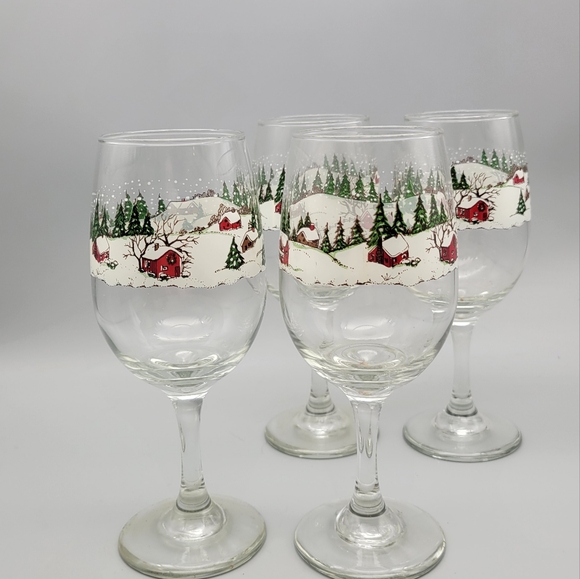 Vintage Winter Village Stemware Holiday Entertaining Water Goblets Wine Glasses - Picture 5 of 8